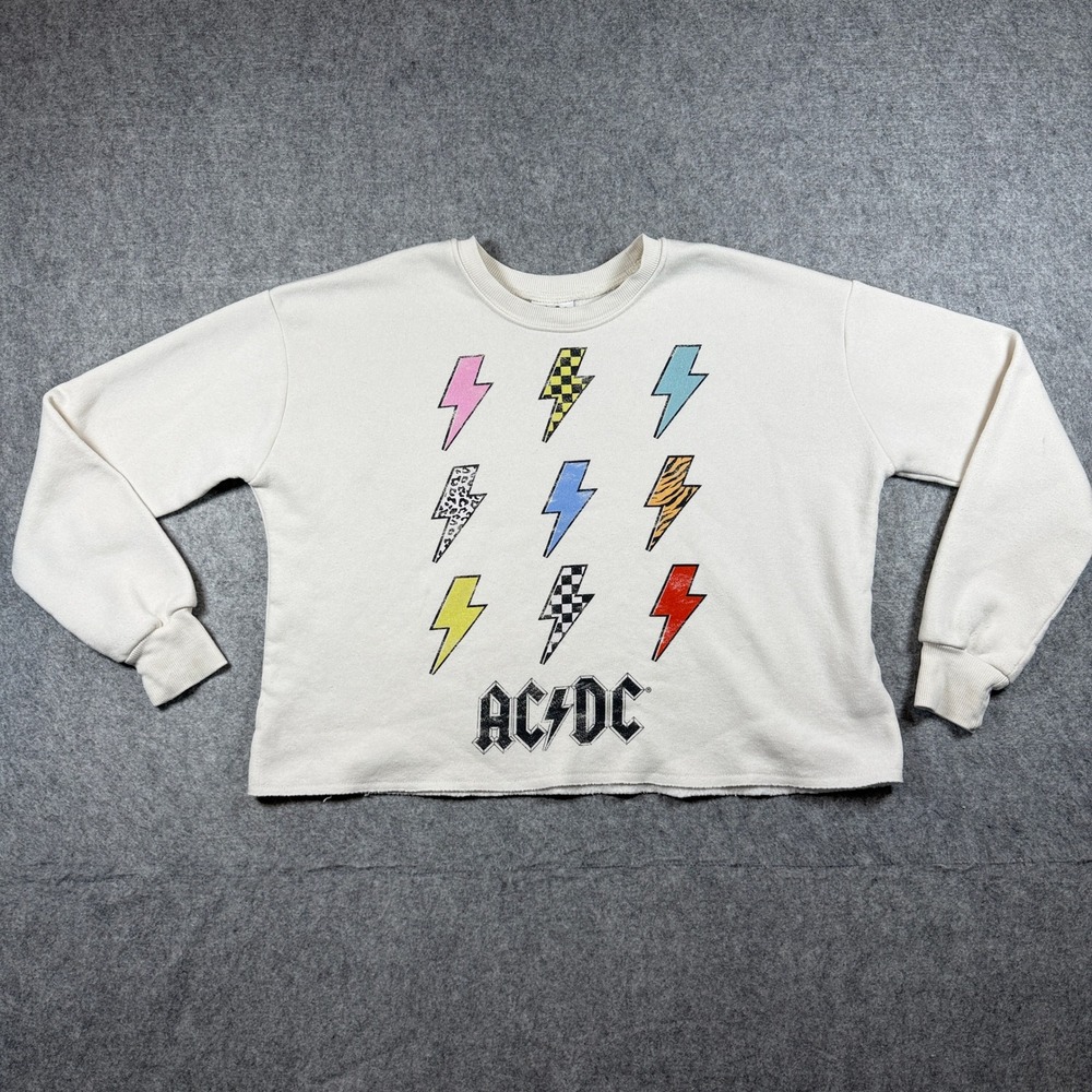 AC/DC Women XS Graphic Lightning Bolt Cropped Sweatshirt Cream Raw Hem Cotton